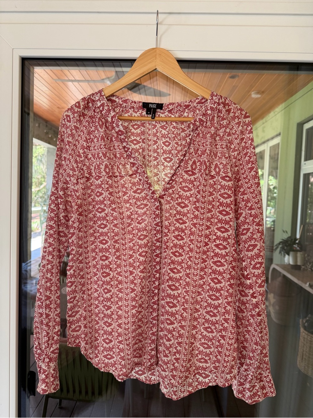 PAIGE Red and White Printed Long-Sleeve V-Neck Blouse